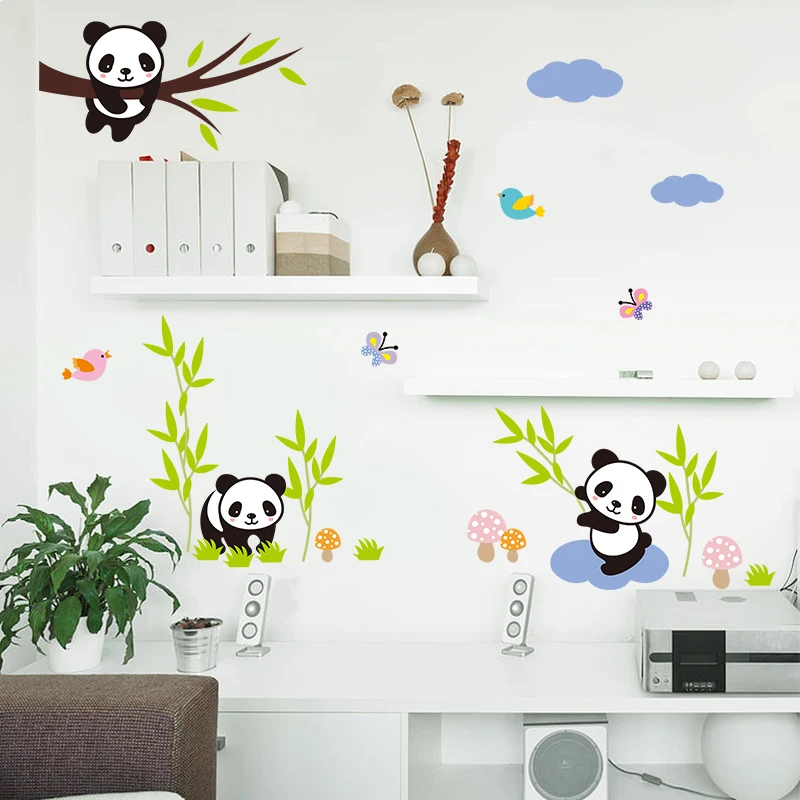Panda Playing On The Tree Bamboo Birds Wall Stickers For Kids Rooms
