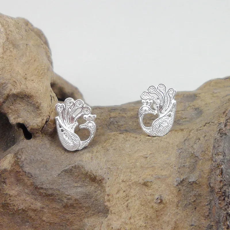 

Handmade Peacock Stud Earrings Women 999 Sterling Silver Earrings Small Studs Earing Ethnic Fine Jewelry Gift New Year 2019