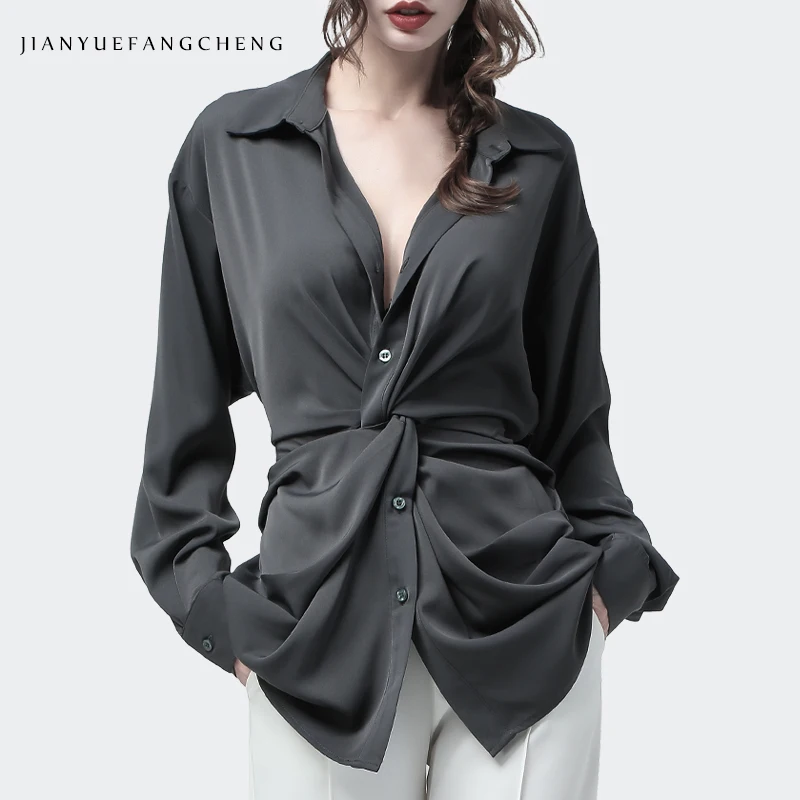 Женские серые блузки макси с поясом, зашнуровать, мягкая тканая блузка, v-образный вырез, длинный рукав, Ранняя осень, элегантные офисные Блузы