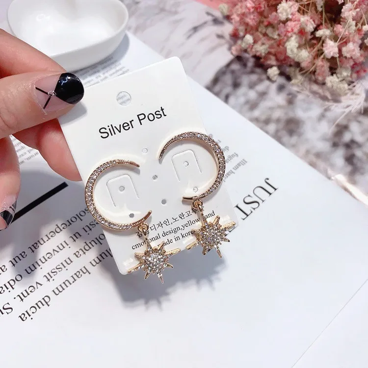 moon star full cz earring 925 silver post Hypoallergenic fadeless fashion jewelry stud earrings for women girl Christmas gift