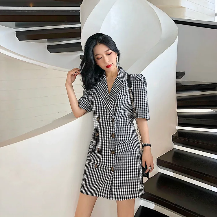 

MILINSUS Summer Plaid Suit Dress Women Casual Double Breasted V-neck short sleeve Dresses Elegant Blazer Outerwear 2019 New
