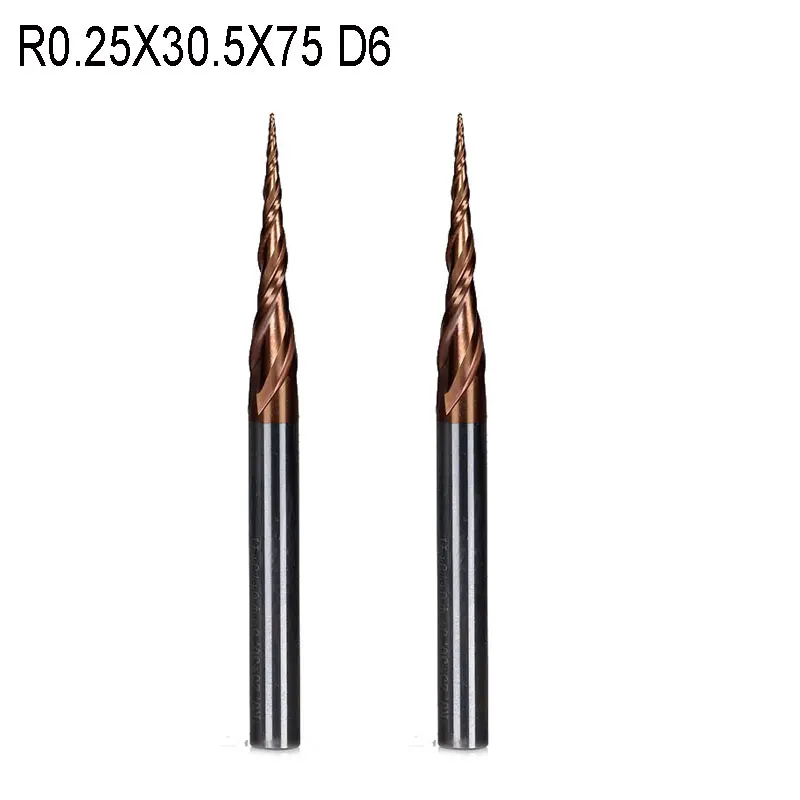 

2PCS R0.25*D6*30.5*75L*2F HRC55 Tungsten solid carbide Coated Tapered Ball Nose End Mills taper and cone endmills