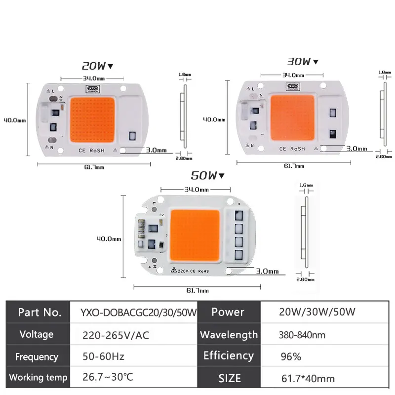 1 шт. Гидропоника переменного тока 220 В 20 Вт 30 Вт 50 Вт светодиодный чип для выращивания полный спектр 380nm-840nm для внутреннего светодиодного растительного светильник
