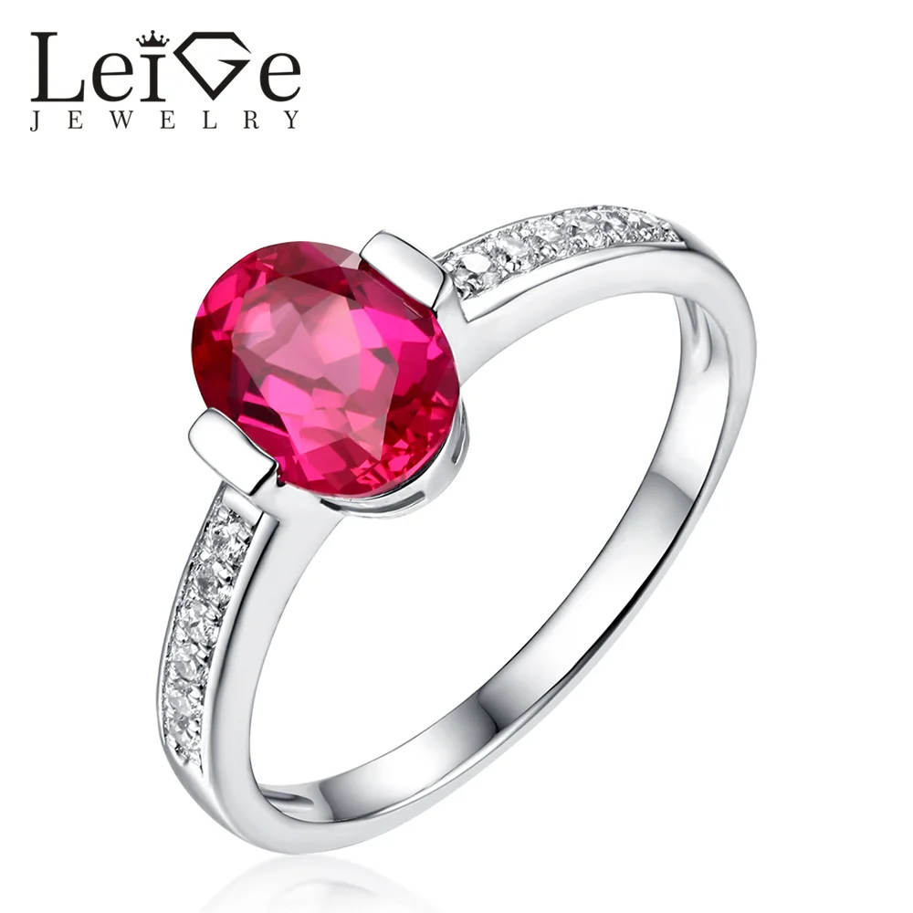 Solitaire 925 Sterling Silver Ruby Oval 7x5 MM Engagement Ring Gift For Her 925 Silver Ring Size 8.5