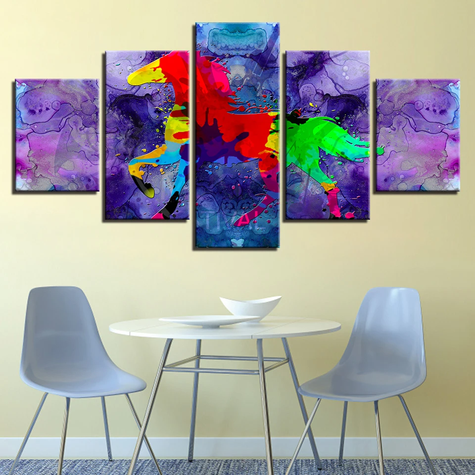 

HD Print Pictures Poster Frame Decor Wall Art Living Room 5 Pieces Abstract Graffiti Color Animal Horse Canvas Painting Modular