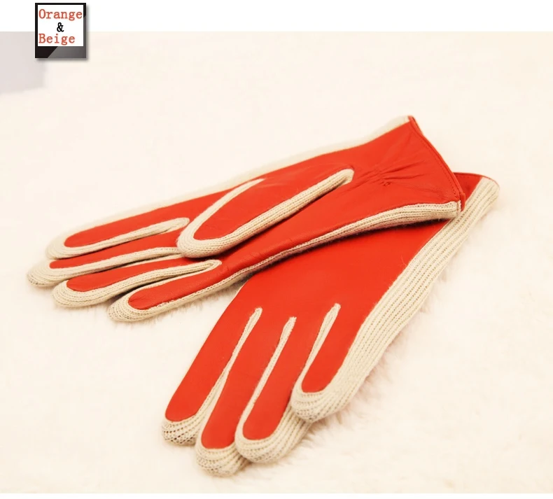Новые женские перчатки из натуральной кожи с шерстью теплая перчатка в стиле пэчворк оранжевый серый черный