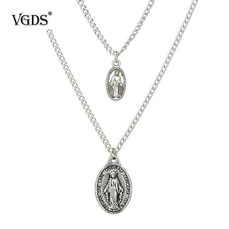 VGDS 2018 New Arrived Creative Double Chains Lucky Virgin Mary Pendant Necklaces Zinc Alloy Simple Fashion Men Women | Украшения и