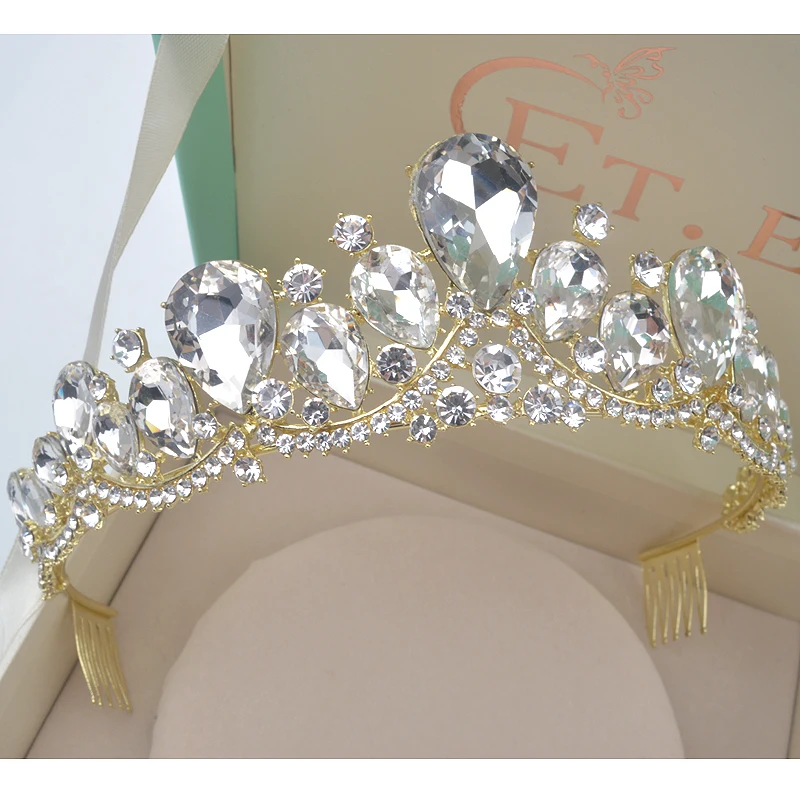 Великолепная позолоченная большая свадебная корона с кристаллами повязка на