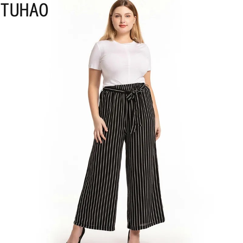 

TUHAO Large Size 3XL 2XL Women Pants Wide Leg Pant Office Lady Big Size Striped Women Trousers High Waist Women's Pant CMSZ