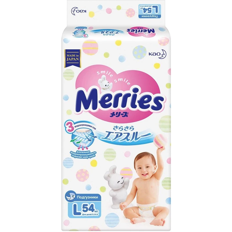 Merries Подгузники, размер L 9-14 кг, 54 шт