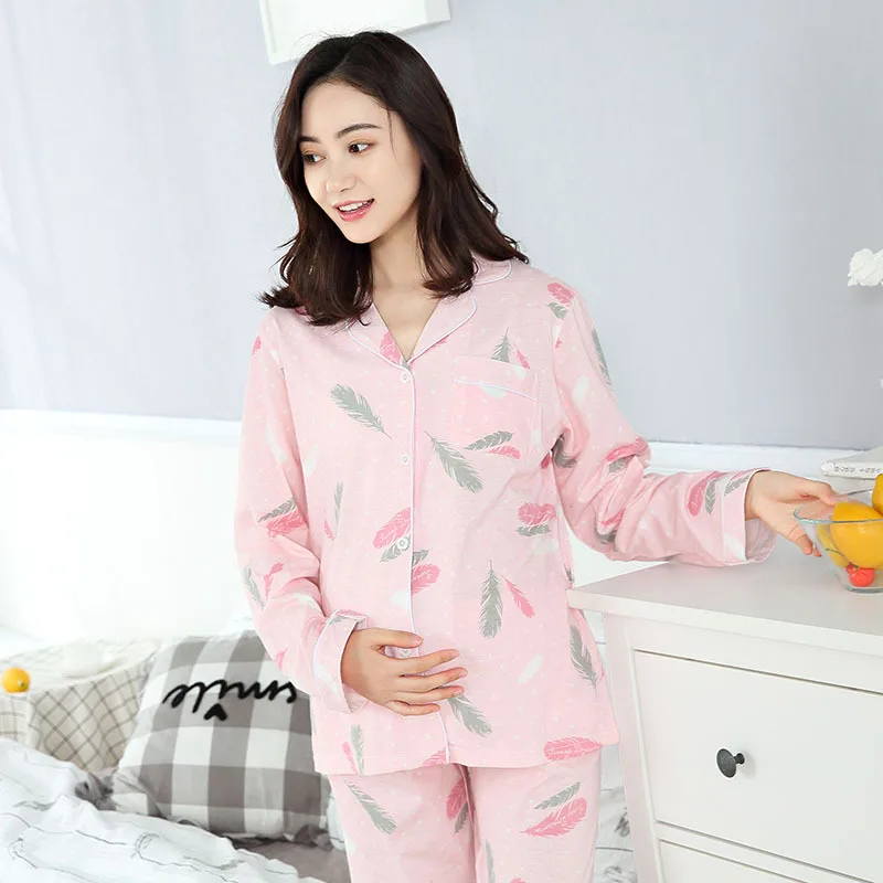 

Printed Cotton Maternity Nursing Nightwear Spring Autumn Fashion Sleepwear for Pregnant Women 2pcs/set Pregnancy Pajamas