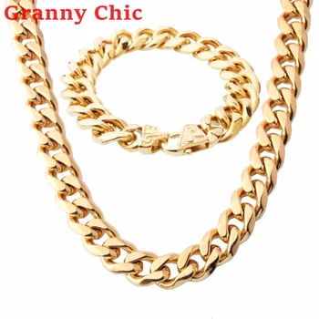 

Granny Chic 13/15mm Mens Chain Boys Necklace Curb Cuban Silver Black Rose Gold color Stainless Steel Necklace Bracelet Set