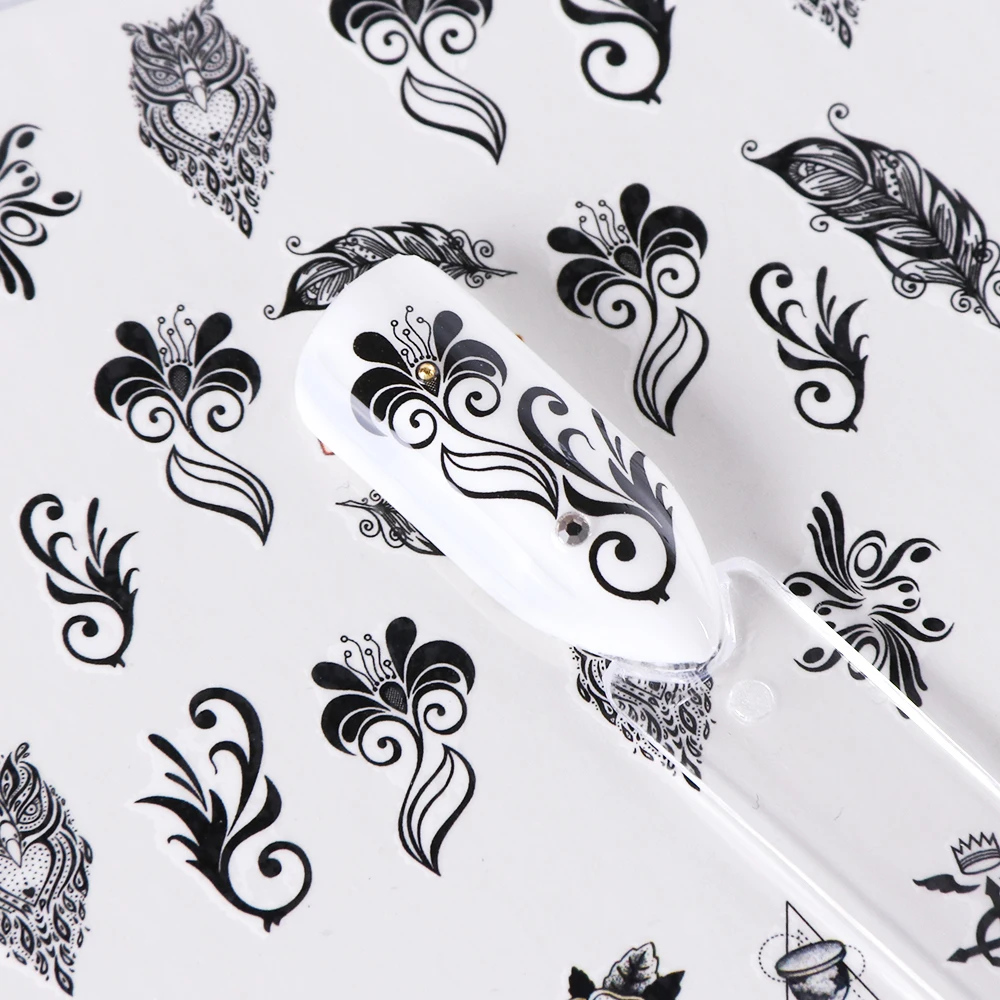 12 видов конструкций наклейки слайдер ногти искусство черная лоза водные наклейки перо маска ювелирные изделия цветок ногтей Фольга Маникюр татуировки LABN973-984