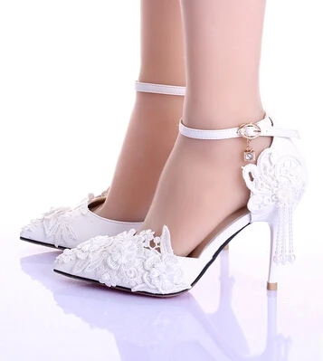 Summer new font b women b font white wedding shoe lace flower tassels ankle strap bride