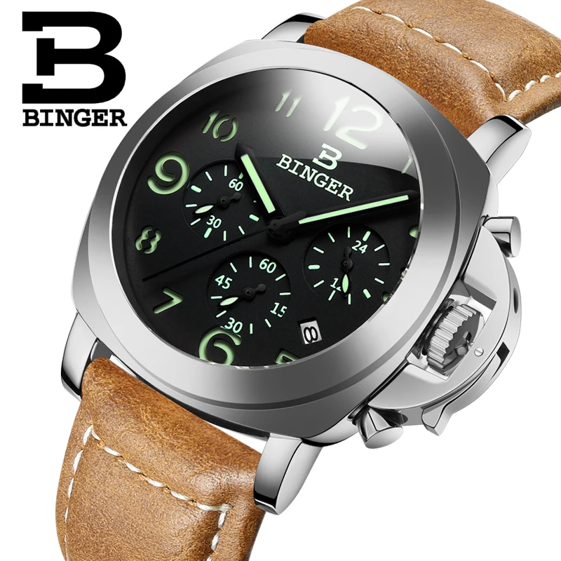 New BINGER Luxury Brand Quartz Watches Men analog chronograph Clock Men Sports Military Leather Strap Fashion Wrist Watch