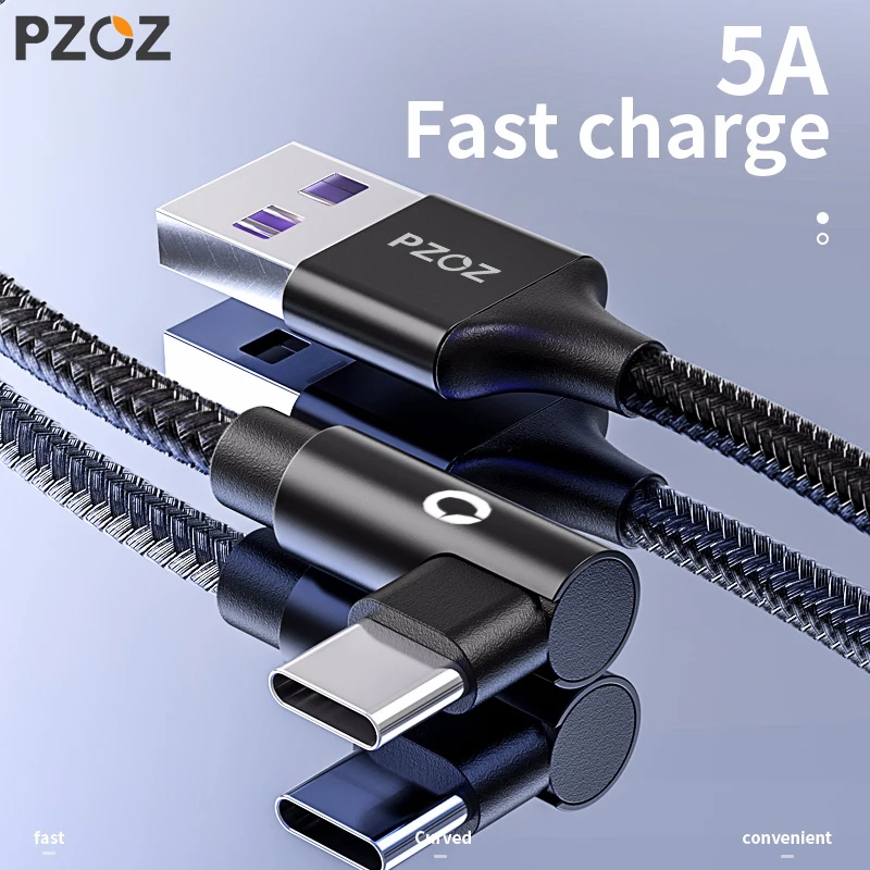 PZOZ 5A usb-c cable USB tipo C 90 Grado de carga rápida para Huawei P20 P10 amigo 20 Pro 10 nova 2 s cargador usb-c Tipo de datos-c cable