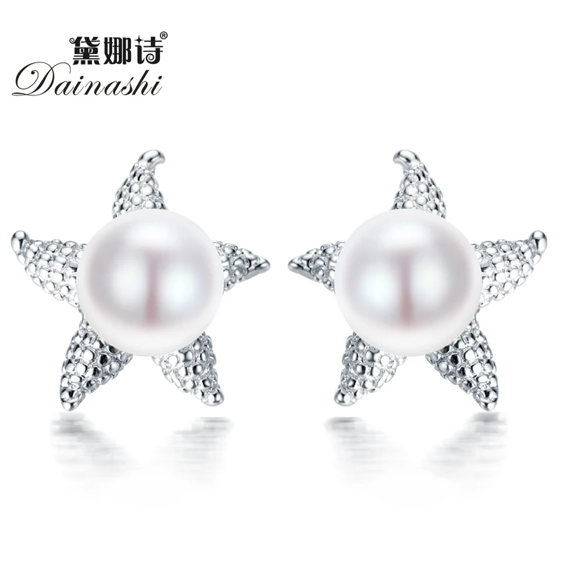 Dainashi 925 Silver Sea Star Серьги 8-9 мм 100% натуральный жемчуг Starfish серьгу для Женская мода