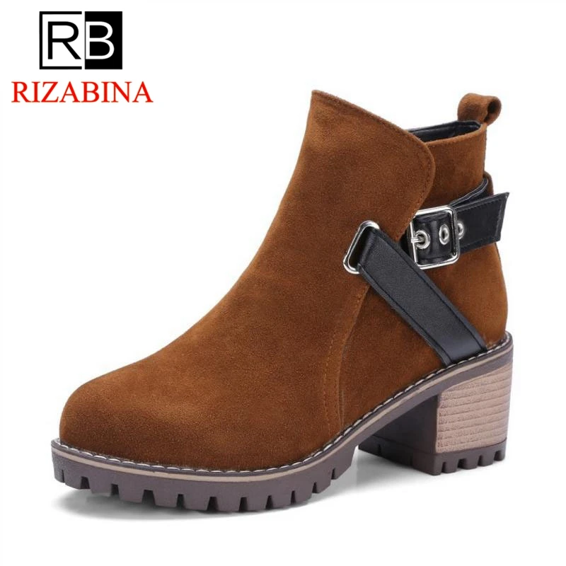 

RIZABINA New Women Ankle Boots Mixed Color Ladies Shoes Fur Winter High Heels Boots Thick Heels Ladies Short Boots Size 34-43