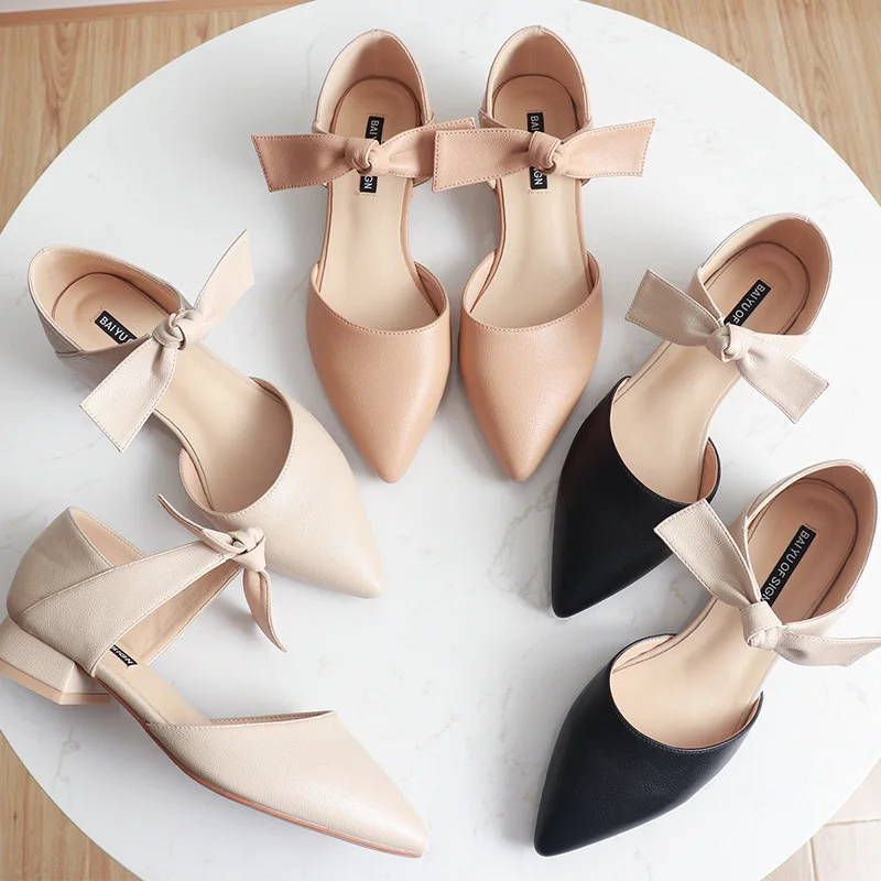

ankle leather bow-knot summer shoes woman low heel cut out pumps pointed toe mixed color mules shoes female pink hoge hakkeny724