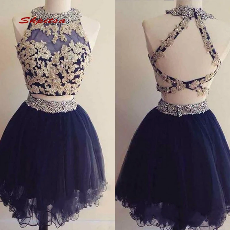 

Navy Blue Short Lace Homecoming Dresses Two Piece Mini Women Plus Size 8th Grade Prom Cocktail Semi Formal Graduation Dress