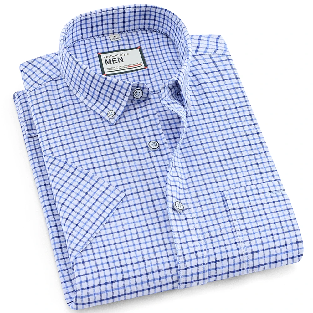 رجل 100% القطن منقوشة عارضة قميص أزياء قميص رجالي قصيرة الأكمام أكسفورد قمصان العلامة التجارية رجالي اللباس قميص الصيف