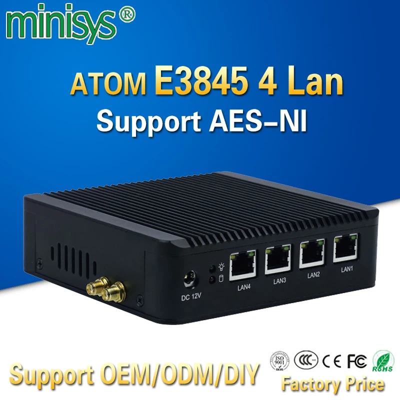 Pfsense sin ventilador X86 mini pc VGA con ATOM E3845 CPU 4 Lan router barebone nano itx computadora de escritorio para windows 7 4 gb ram AES-NI