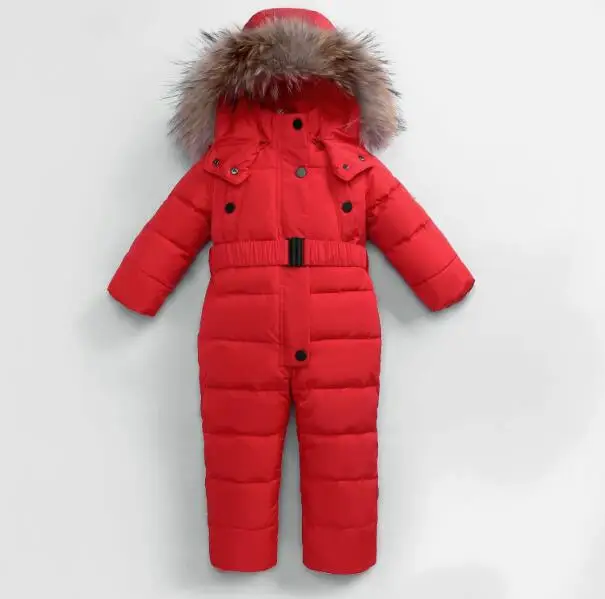 Baby Rompers New Baby Jumpsuits Boys Girls Winter Overalls Rompers Kids Snowsuit Duck Down Children Jumpsuit Hooeded Rompers - Color: Red