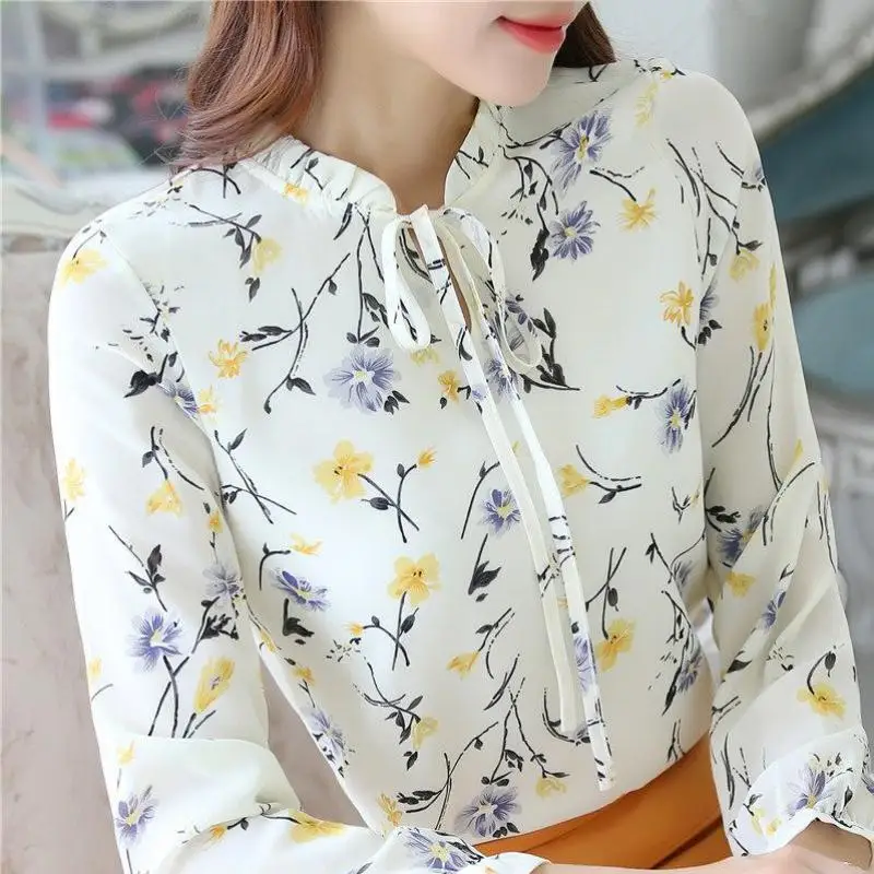 

New Brand 2017 Fashion Floral Women's Shirt Long-sleeved Shirt Chiffon Round Neck Slim Bow Tie With A Printed Chiffon Shirt