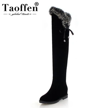 

TAOFFEN Size 34-45 Women Thigh High Boots Winter Plush Fur Shoes Woman Fashion Inside Heels Long Boots Bowknot Zipper Shoes