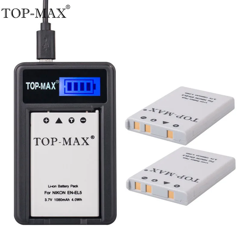 

TOP-MAX 2PCS 3.7V 1080mAh EN-EL5 Battery+Charger For Nikon Coolpix 3700 4200 5200 5900 7900 P3 P4 P80 P90 P100 P500 P510 P520