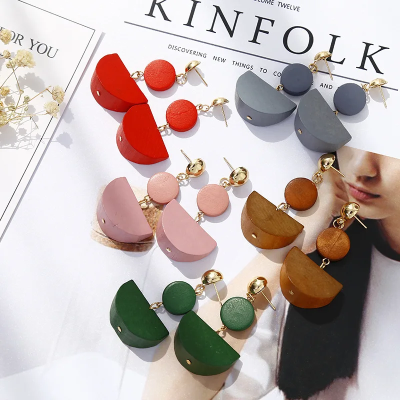 

2019 Fashion Jewelry Wood Dangle Earrings 5 Colors Korean Geometric Half Round Drop Earrings For Women Girl Party Gift