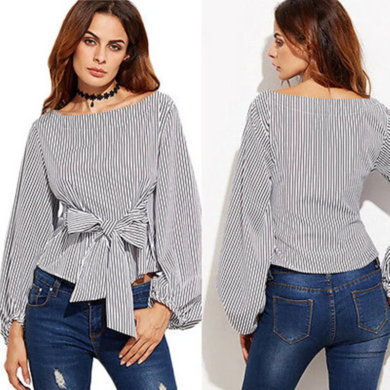 

Fashion Women Off Shoulder Tops Casual Summer Striped Long Sleeve Blouse Bowknot Clothes