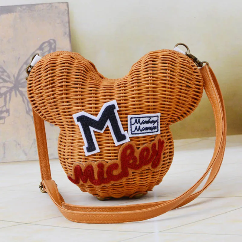 Disney минни маус ручной работы из ротанга мультфильм Микки женский кошелек милая девушка соломенный рюкзак винтаж повседневное ведро - Цвет: Khaki Mickey