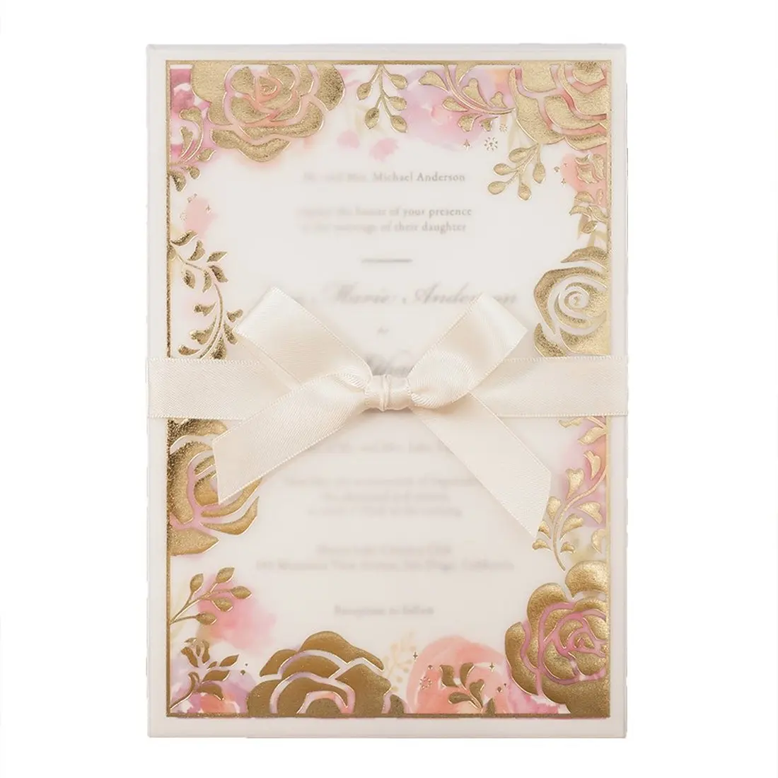 

[ Life as Flowers ] Floral Wedding Birthday Invitations Kit with Envelope, Red Rose Ribbon Bronzing Design Invites Card 50Pcs