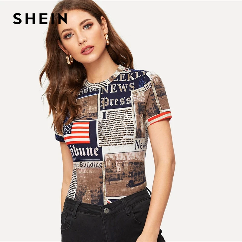 SHEIN متعدد الألوان Highstreet صحيفة إلكتروني طباعة شكل تركيب قصيرة الأكمام المحملة 2019 الربيع عارضة المرأة الحديثة سيدة التي شيرت أعلى