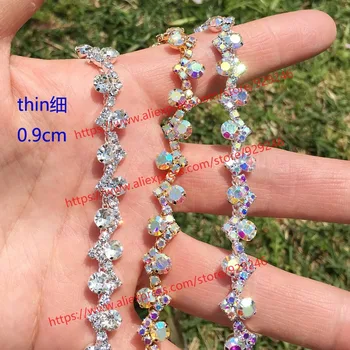 

1 yard/pack 0.9cm thin AB crystal chain wave-shape gold AB rhinestone chain trims for dress belt decoration DIY crafts supplies