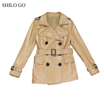 

SHILO GO Leather Trench Womens Spring Fashion sheepskin genuine leather coat lapel collar double breasted belt England Trench