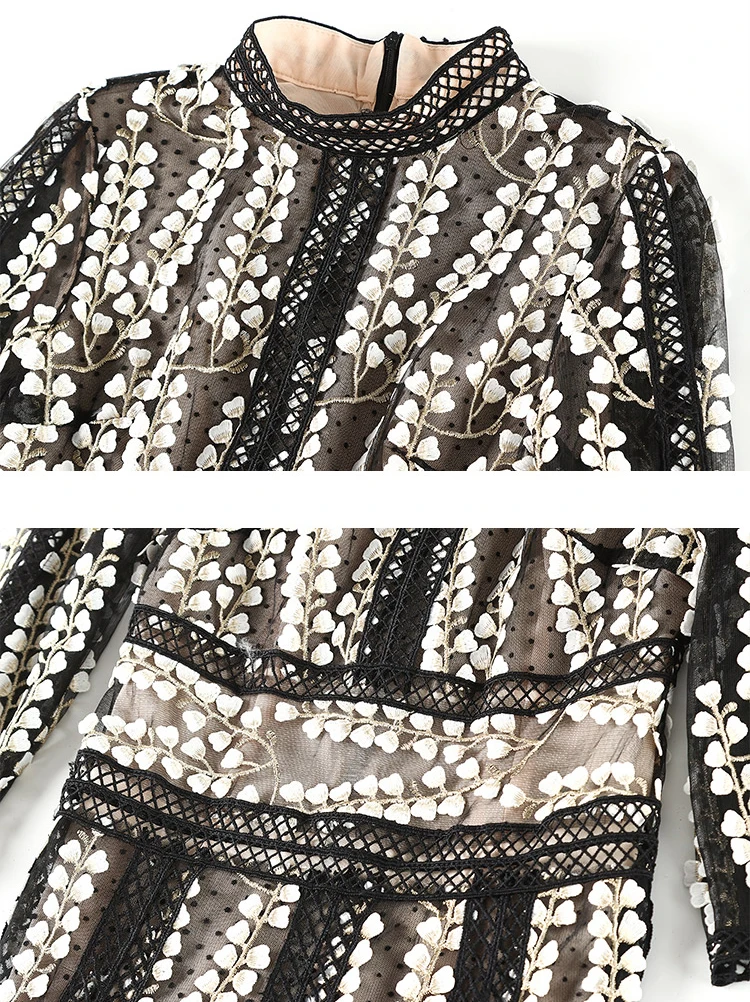 LD LINDA делла весеннее модное подиумное винтажное платье женское черное кружевное платье с 3/4 рукавами и цветочной вышивкой