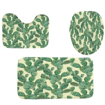

4Pcs Home Bathroom Decor Set Cactus Bush Pattern Toilet Seat Cover Bath Mat Set+ Waterproof Shower Curtain