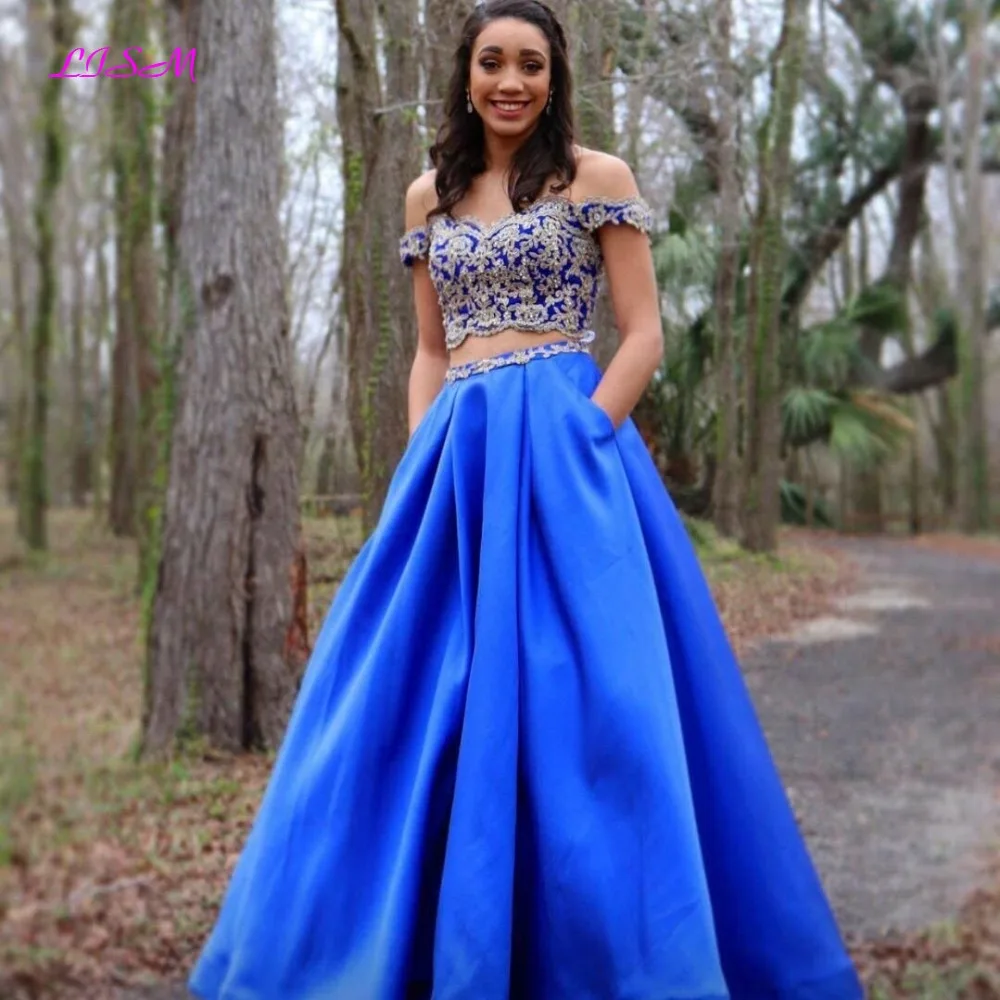 

Gold Appliques 2 Pieces Prom Dresses 2019 New Off the Shoulder Floor Length Evening Gowns with Pockets A Line Satin Formal Dress