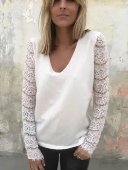 

Women Clothing Long Sleeve Lace Shirt Tops Blouse Pullover Lace Sleeve V Neck Casual Fashion Women Blouse Autumn Loose Casual
