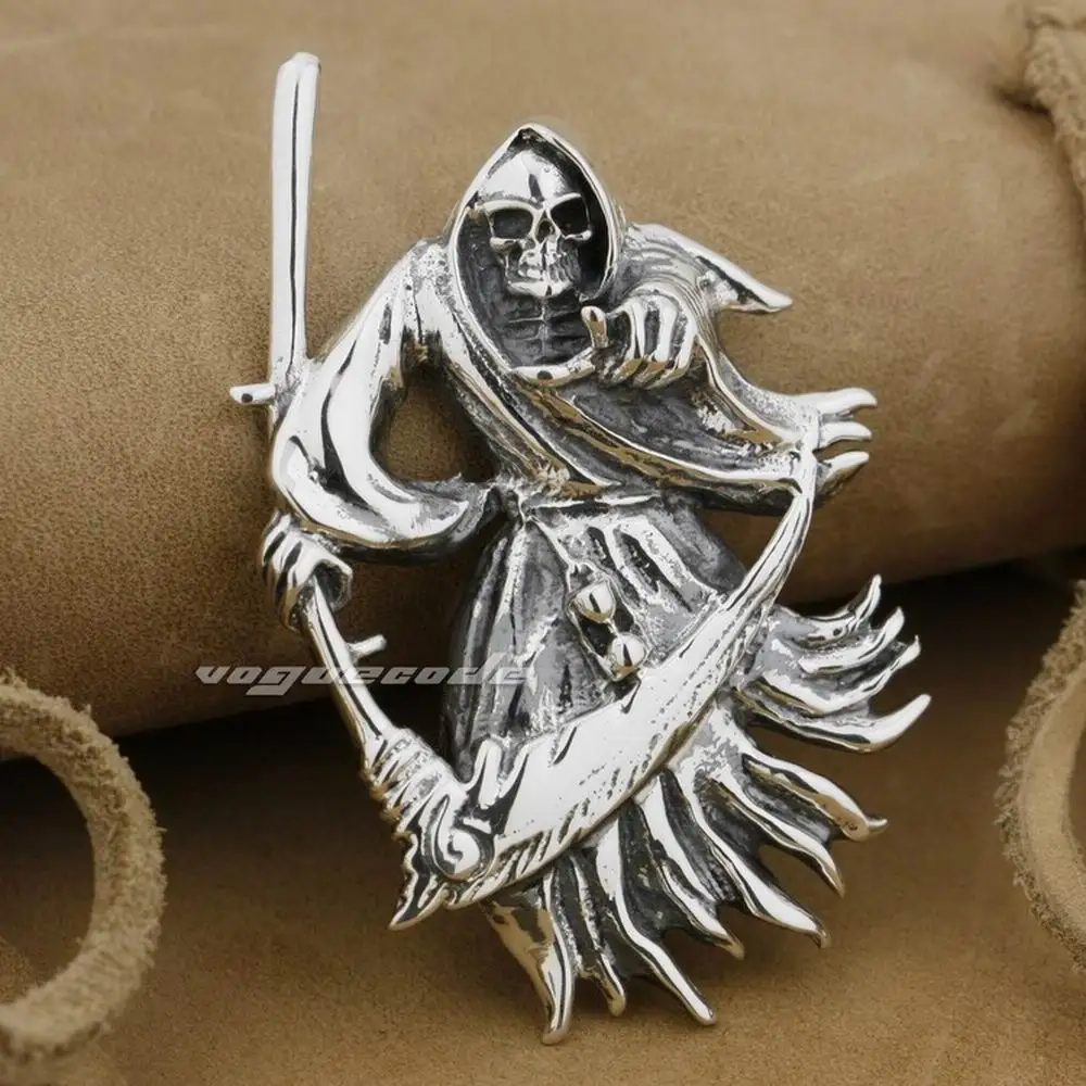 

925 Sterling Silver Large Grim Reaper Scythe Death Mens Biker Pendant 9H012A
