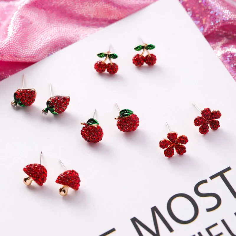 Милые корейские красные стразы серьги-гвоздики в форме фруктов для женщин клубника вишня цветок Грибная серьга модное ювелирное изделие подарок MJ1432