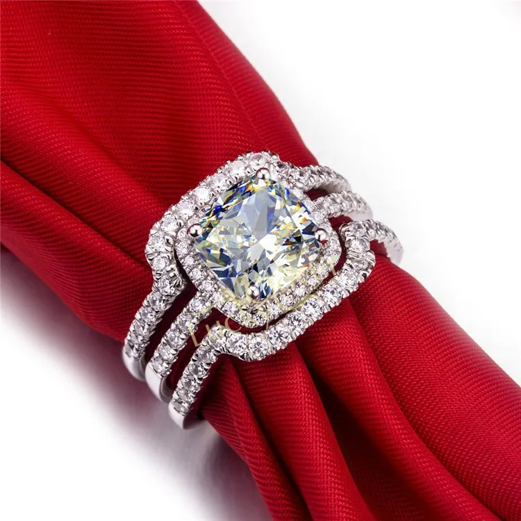 vintage 2 carat halo style cushion cut diamond engagement ring sterling silver jewelry for bridal - Three Band Wedding Ring vintage 2 carat halo style cushion cut diamond engagement ring sterling silver jewelry for bridal - Three Band Wedding Ring