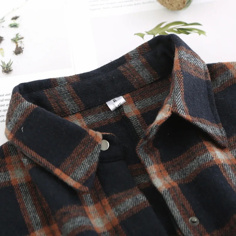  Hot 2018 plaid shirt woolen blouse outwear Bf style korean fashion autumn tops checked Cardigan coa