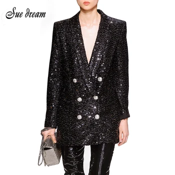 

Wholesale Vestidos 2018 new women's high quality fashion black double-breasted sequined suit jacket long sleeve deep V