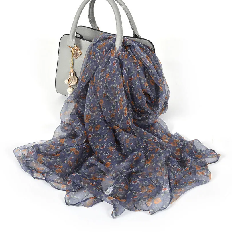 [BYSIFA] новые синие серые длинные шарфы с принтом для женщин шелковый шарф шаль весна осень тонкий шарф-снуд на голову, хиджаб 170*100 см - Цвет: grey coffee