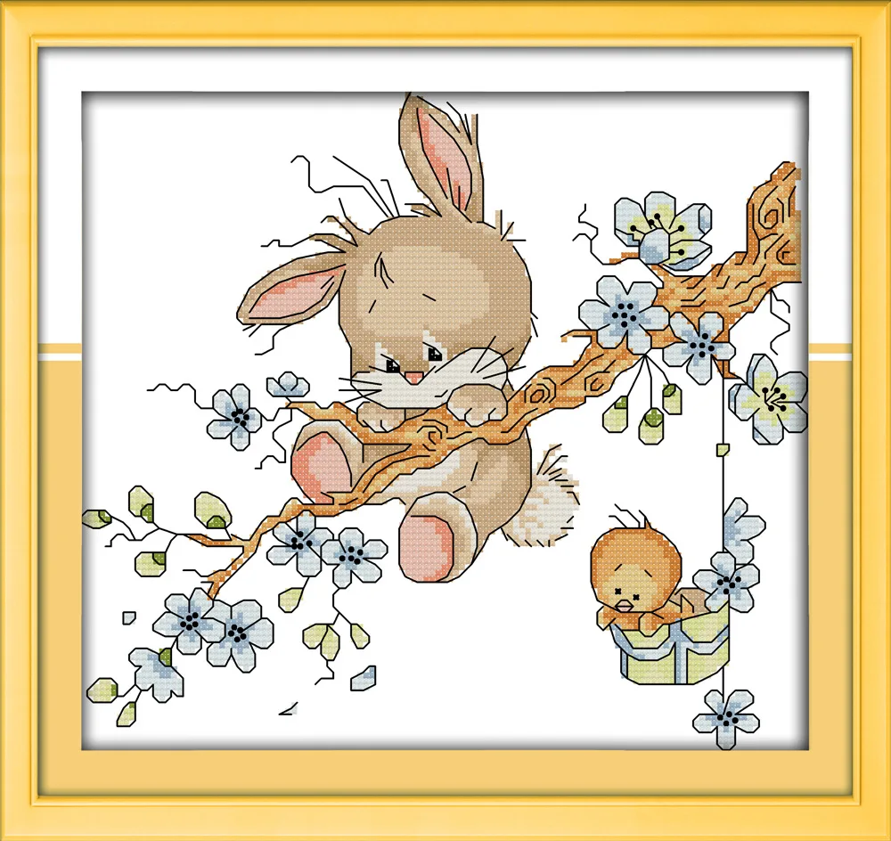 

Naughty rabbit on the tree Printed Canvas DMC Counted Cross Stitch Kits printed Cross-stitch set Embroidery Needlework