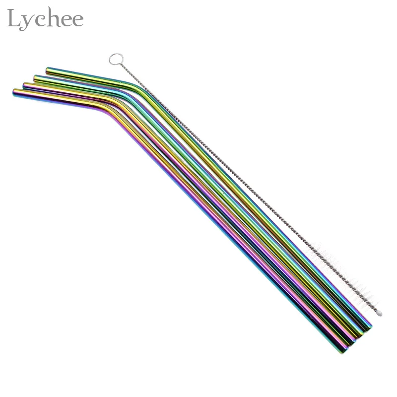 

Lychee 1 Set Stainless Steel Rainbow Strews With Cleaner Brush Reusable Drinking Straws Cocktail Party Bar Accessories