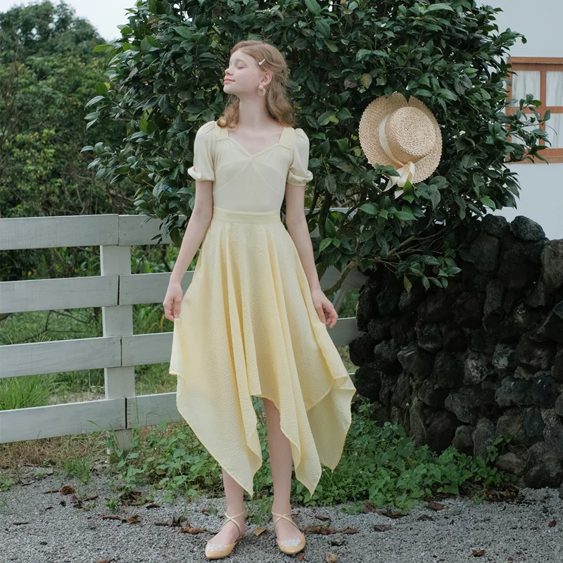 

Summer Dress 2019 Women Clothes Sweet Casual Yellow/Orange Dress Ladies Elegant Slim Irregular Striped Dress Femme